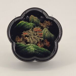 Vintage Lacquer Flower Shape Trinket Box Red Orange Interior Black Hand Painted
